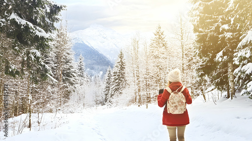 Woman hiking in snowy mountains photo