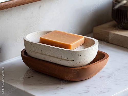 Elegant Soap Dish with Natural Soap on a Marble Countertop in Bathroom photo