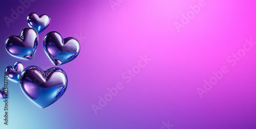 Purple chrome hearts floating in the air banner with background with copy space, love theme template wallpaper, AI generated