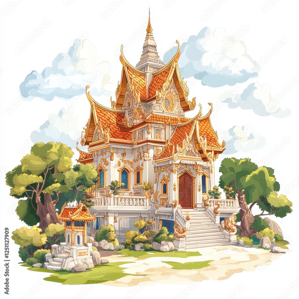 Naklejka premium A beautifully ornate temple with intricate designs and vibrant colors, surrounded by lush greenery and clear skies.