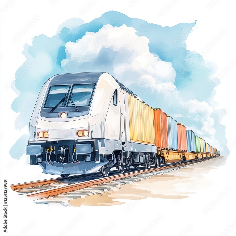 Obraz premium A colorful freight train travels along a track under a blue sky with fluffy clouds, showcasing a vibrant array of cargo containers.