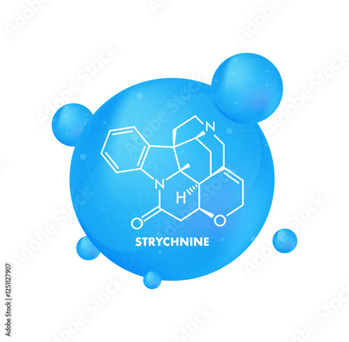 Strychnine molecule inside blue sphere with chemical formula and molecular structure