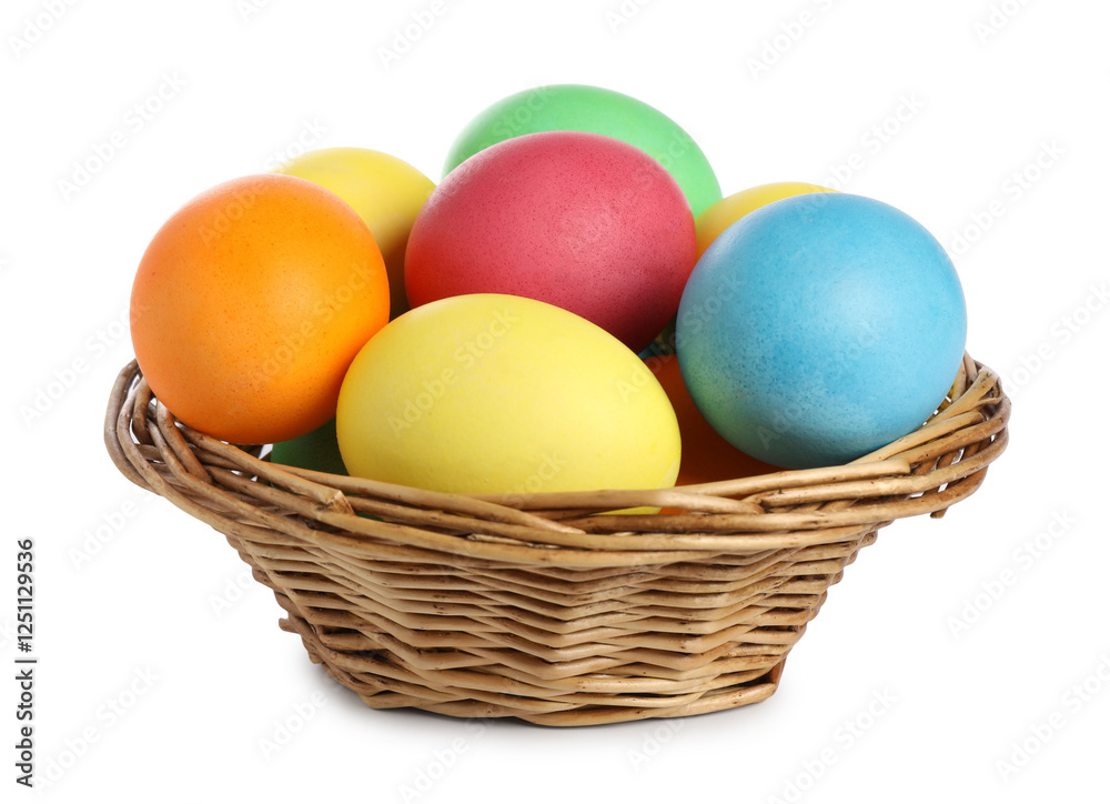 Many decorated Easter eggs in basket isolated on white Many decorated Easter eggs in basket isolated on white