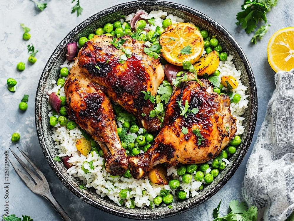 Fototapeta premium Roasted chicken drumsticks with rice, peas and lemon wedges in a bowl