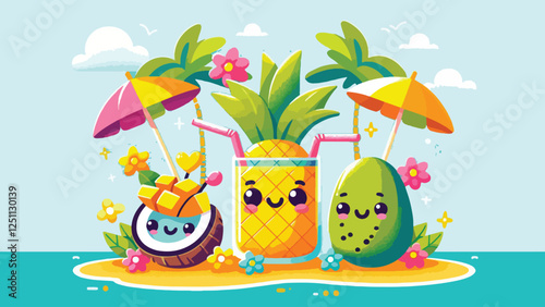 Tropical Smoothie Friends, A pineapple, mango, and coconut with playful expressions blending themselves into tropical smoothies. Include a beachside vibe with bright umbrellas and tropical flowers 