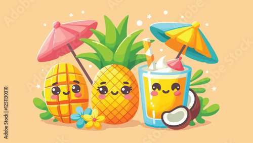 Tropical Smoothie Friends, A pineapple, mango, and coconut with playful expressions blending themselves into tropical smoothies. Include a beachside vibe with bright umbrellas and tropical flowers 