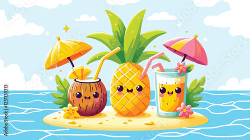 Tropical Smoothie Friends, A pineapple, mango, and coconut with playful expressions blending themselves into tropical smoothies. Include a beachside vibe with bright umbrellas and tropical flowers 