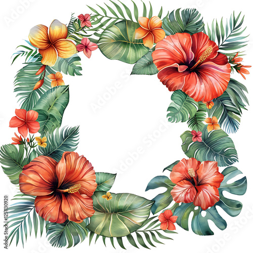 Watercolor Tropical Floral Wreath with Hibiscus and Green Leaves, Botanical Frame Illustration