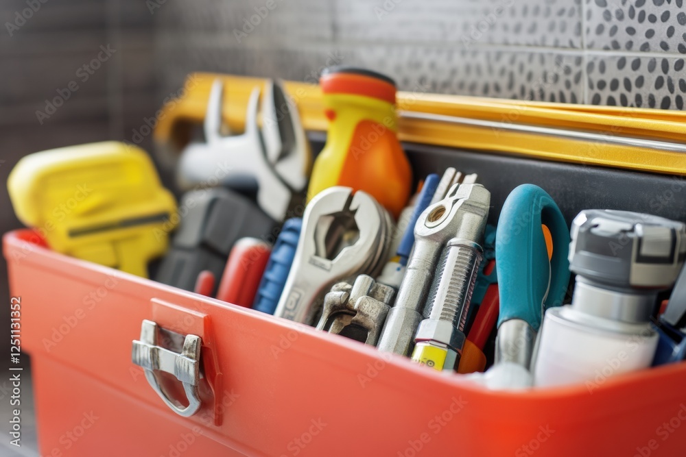 Organized toolbox filled with various tools placed on a work surface in a tidy workshop. Generative AI Organized toolbox filled with various tools placed on a work surface in a tidy workshop. Generative AI