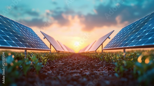 Rows of solar panels meticulously arranged across a vast desert landscape, soaking up the intense sunlight and converting it into clean energy. photo