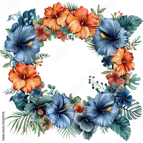 Watercolor Tropical Floral Wreath with Hibiscus and Green Leaves, Botanical Frame Illustration
