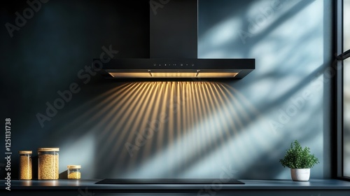 A sleek modern kitchen featuring a stylish black range hood, showcasing elegant design and attention to detail, perfect for contemporary culinary spaces. photo