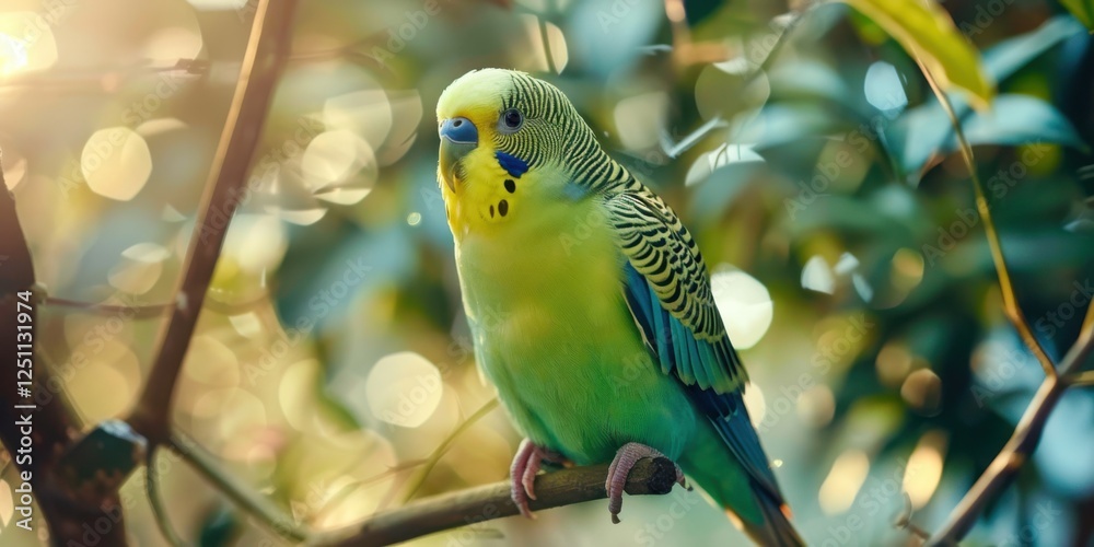 Fototapeta premium Portrait of a Budgerigar (Parakeet) with blurred aviary background, copy space, cinematic 