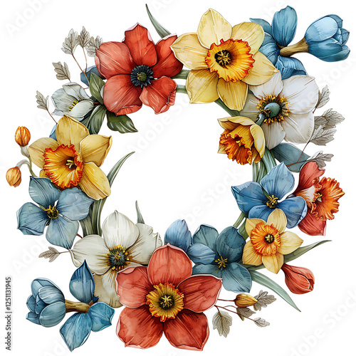 Watercolor Floral Wreath with Tulips and Daffodils, Elegant Botanical Frame Illustration