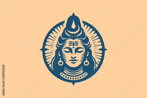 Shiva head emblem in blue vintage engraving style, vector logo