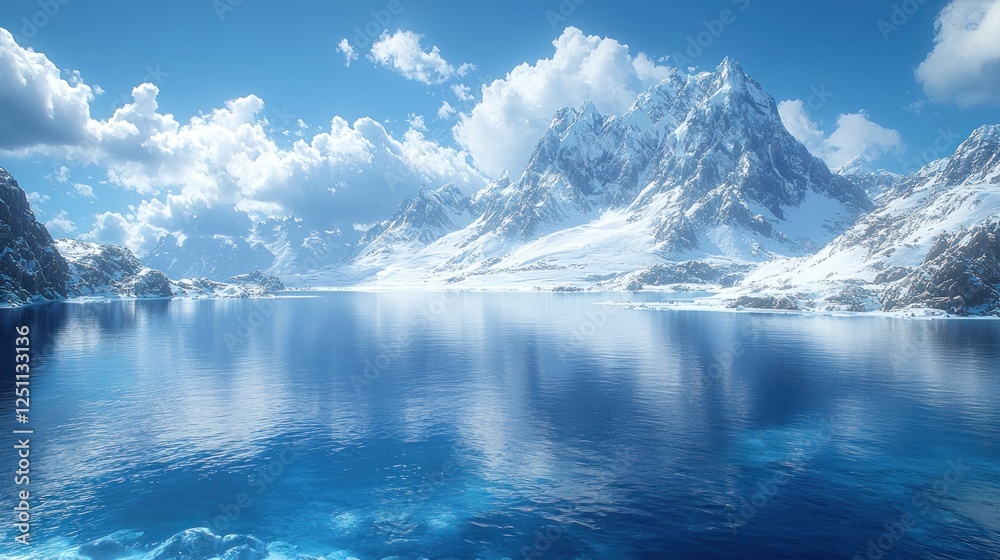 Majestic snow-capped mountains reflect in a serene blue lake under a clear sky Majestic snow-capped mountains reflect in a serene blue lake under a clear sky