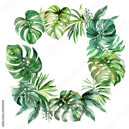 Watercolor Monstera Wreath with Tropical Leaves, Perfect for Invitations and Botanical Designs