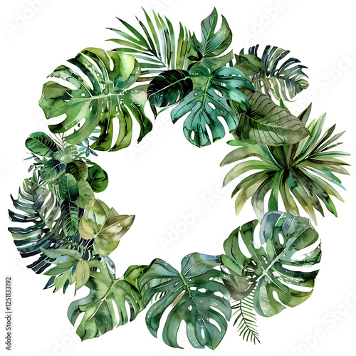 Watercolor Monstera Wreath with Tropical Leaves, Perfect for Invitations and Botanical Designs
