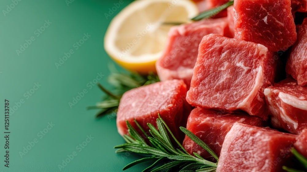 Close-up of raw meat cubes elegantly arranged with refreshing lemon slices and fragrant herbs, portraying a fresh, modern approach to cooking and meal preparation. Close-up of raw meat cubes elegantly arranged with refreshing lemon slices and fragrant herbs, portraying a fresh, modern approach to cooking and meal preparation.