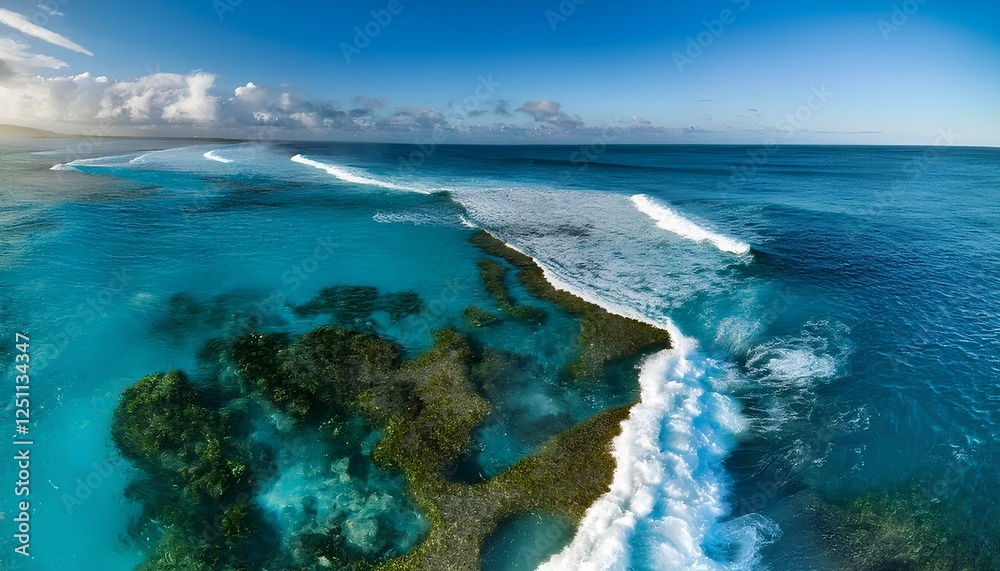 vibrant blues and greens of shallow waters as waves break over a coral reef vibrant blues and greens of shallow waters as waves break over a coral reef