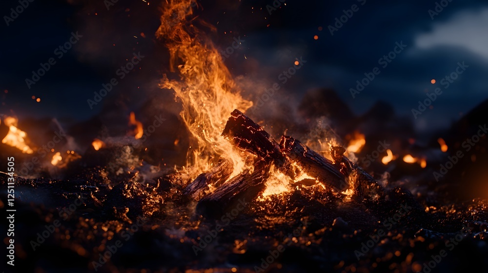 Raging inferno of intense flames consuming the darkened landscape in a dramatic nighttime scene with fiery embers and billowing smoke creating an apocalyptic atmosphere The powerful Raging inferno of intense flames consuming the darkened landscape in a dramatic nighttime scene with fiery embers and billowing smoke creating an apocalyptic atmosphere The powerful