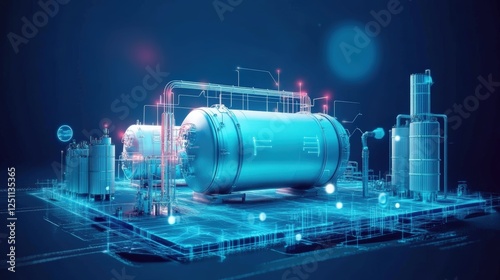 Industrial Digital Twin: A futuristic digital twin rendering of an industrial plant, showcasing intricate details of tanks, pipelines, and sensors in a vibrant blue and pink color scheme.