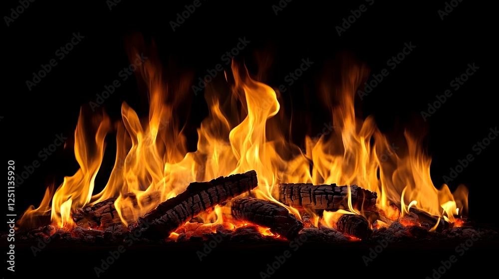Roaring fire engulfing a pile of wooden logs creating a mesmerizing display of dancing flames that illuminate the dark surroundings with a warm cozy glow Roaring fire engulfing a pile of wooden logs creating a mesmerizing display of dancing flames that illuminate the dark surroundings with a warm cozy glow