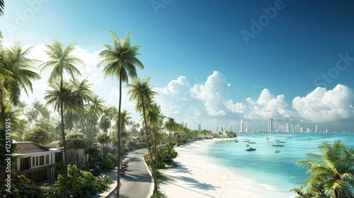 Tropical Coastal Paradise: A picturesque coastal road winds through lush palm trees, leading to a pristine beach with turquoise waters and sailboats in the distance.