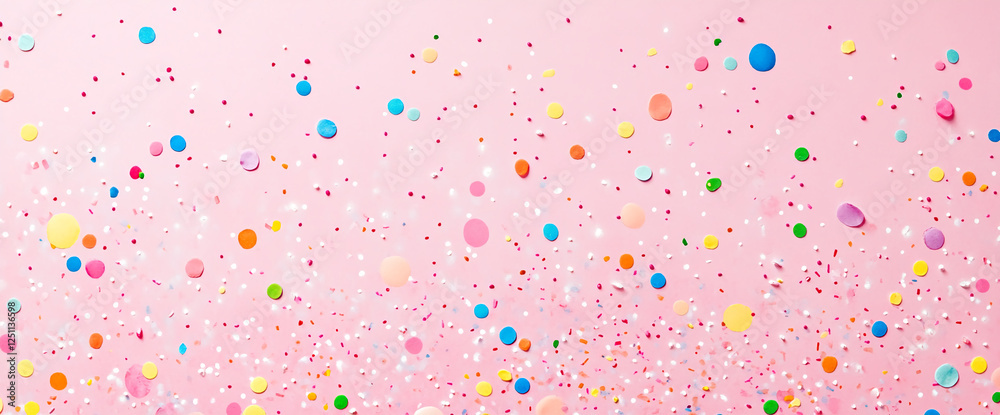 A scattered arrangement of colorful confetti and paint drops on a soft pink background, representing celebration, fun, and joy with a festive, playful atmosphere.
