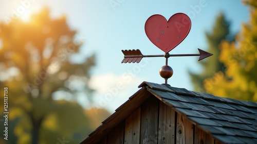 A charming scene featuring a heart-shaped weather vane atop a rustic barn, with soft warm light.