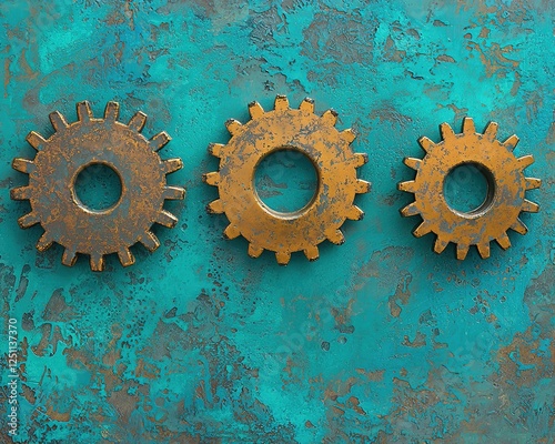 Three rusted gears of varying sizes on a textured turquoise background, showcasing a vintage industrial aesthetic.