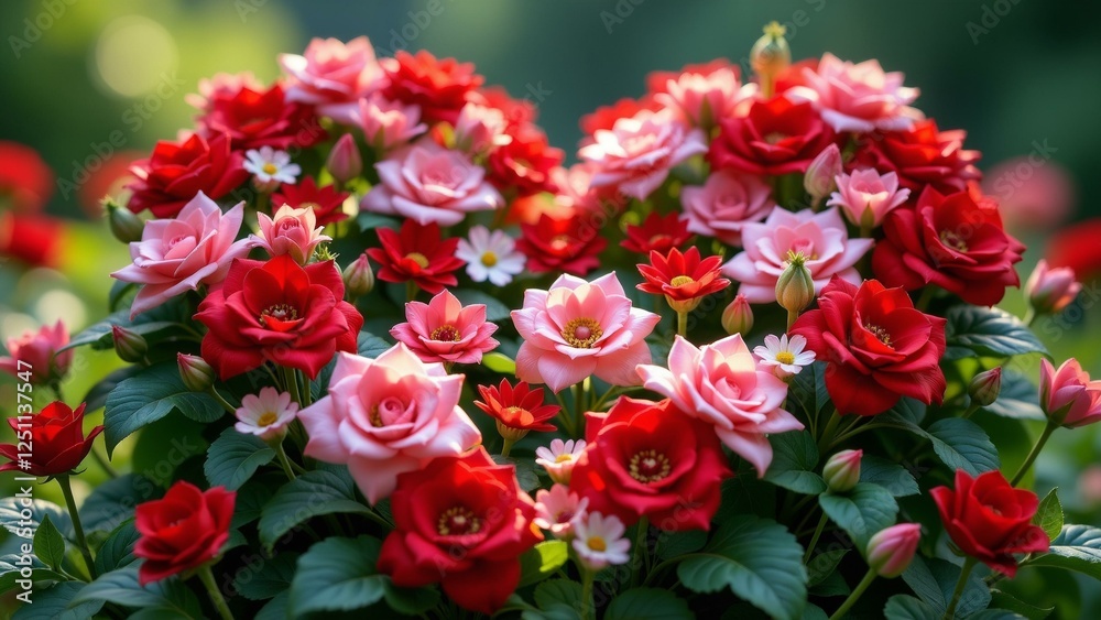 A vibrant heart-shaped garden filled with red and pink flowers, surrounded by lush greenery. A vibrant heart-shaped garden filled with red and pink flowers, surrounded by lush greenery.