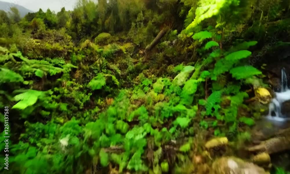 A series of shots showcasing a lush tropical forest, starting with a close-up of a small stream flowing through the forest floor, then transitioning to a wider shot of the forest canopy and A series of shots showcasing a lush tropical forest, starting with a close-up of a small stream flowing through the forest floor, then transitioning to a wider shot of the forest canopy and