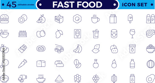 Fast food outline icons. Fast food vector icon line set. Burger sandwich pizza hot dog cola coffee sweets. Editable stroke outline icon.
