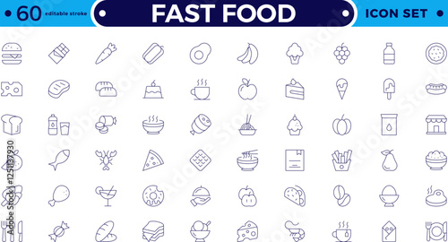 Fast food outline icons. Fast food vector icon line set. Burger sandwich pizza hot dog cola coffee sweets. Editable stroke outline icon.

