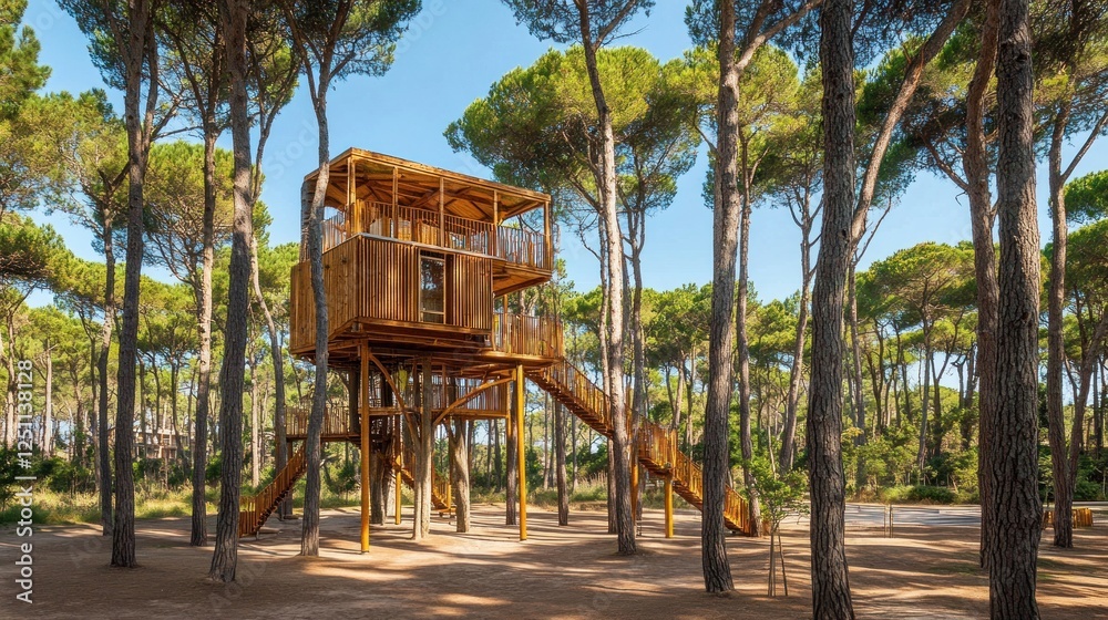 Elevated Wooden Treehouse Amidst Pine Forest Elevated Wooden Treehouse Amidst Pine Forest