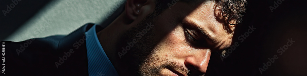 Fototapeta premium Close-up Portrait of a Man in a Suit, Partially Illuminated