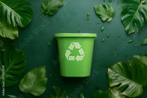 recycle bin surrounded by eco-friendly elements like leaves set in minimalist composition. This image symbolizes sustainability nature conservation harmony between the environment and responsible. photo