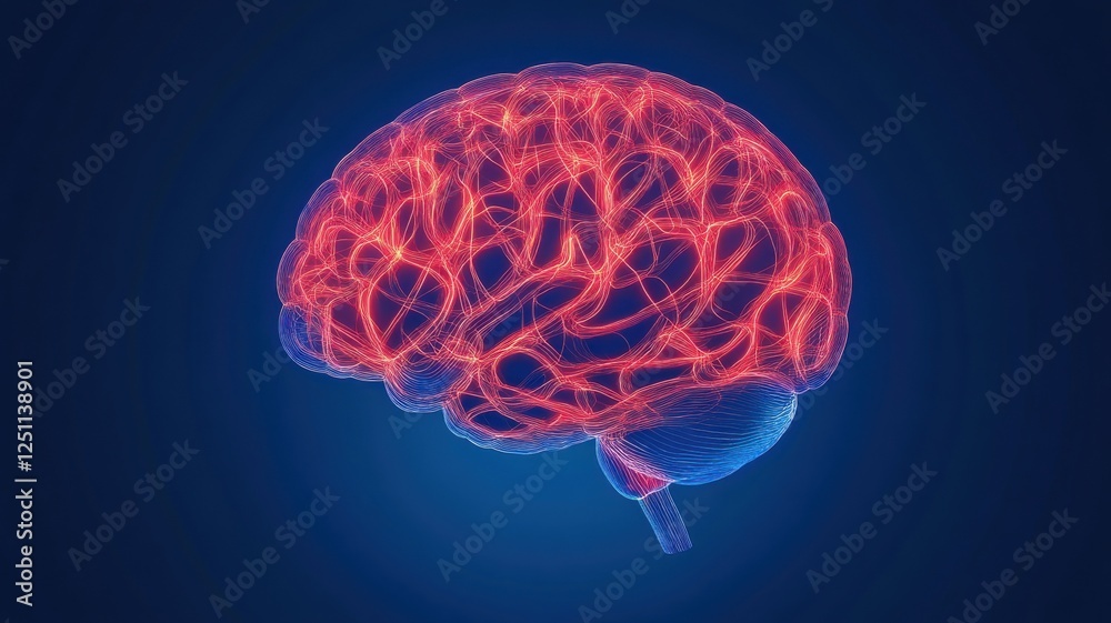 A vibrant, glowing representation of a brain with intricate neural pathways, set against a dark blue background. A vibrant, glowing representation of a brain with intricate neural pathways, set against a dark blue background.
