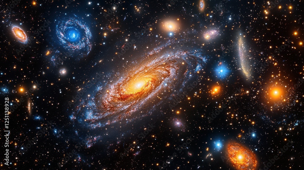 Fototapeta premium Spiral Galaxy Cluster, Deep Space, Cosmic Background, Nebulae, Astronomy Image, Science Education