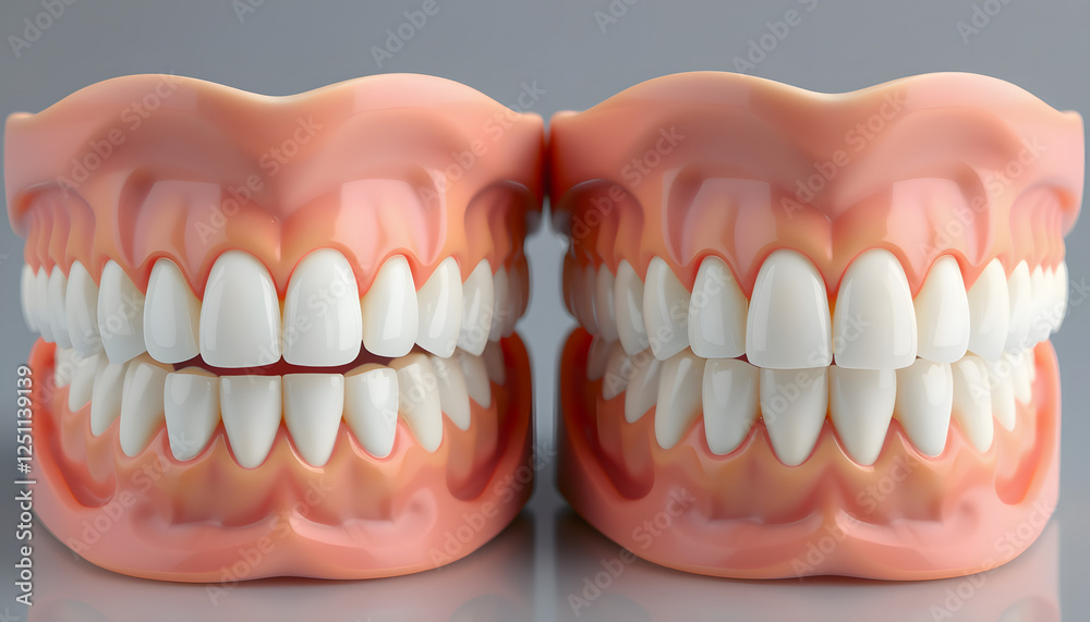 Obraz premium two dental cases with different crowns and ceramic veneers for total prosthetics, hyperrealism. with white shades