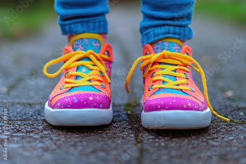 Brightly colored child's shoes with untied laces on a stone pathway in a playful outdoor setting. Generative AI