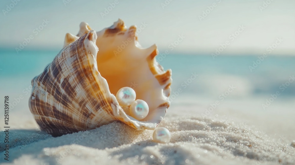 Pearls in seashell on beach, ocean background; summer vacation (1) Pearls in seashell on beach, ocean background; summer vacation (1)