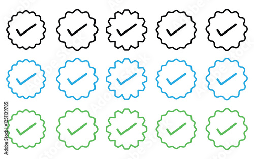 Outline Verified badge icon set. Blue tick sign. approved checkmark. Verified user in social media vector on white background