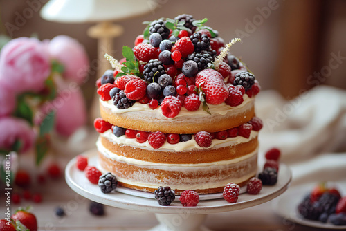Wallpaper Mural Festive Three-Tiered Cake with Fresh Berries Torontodigital.ca