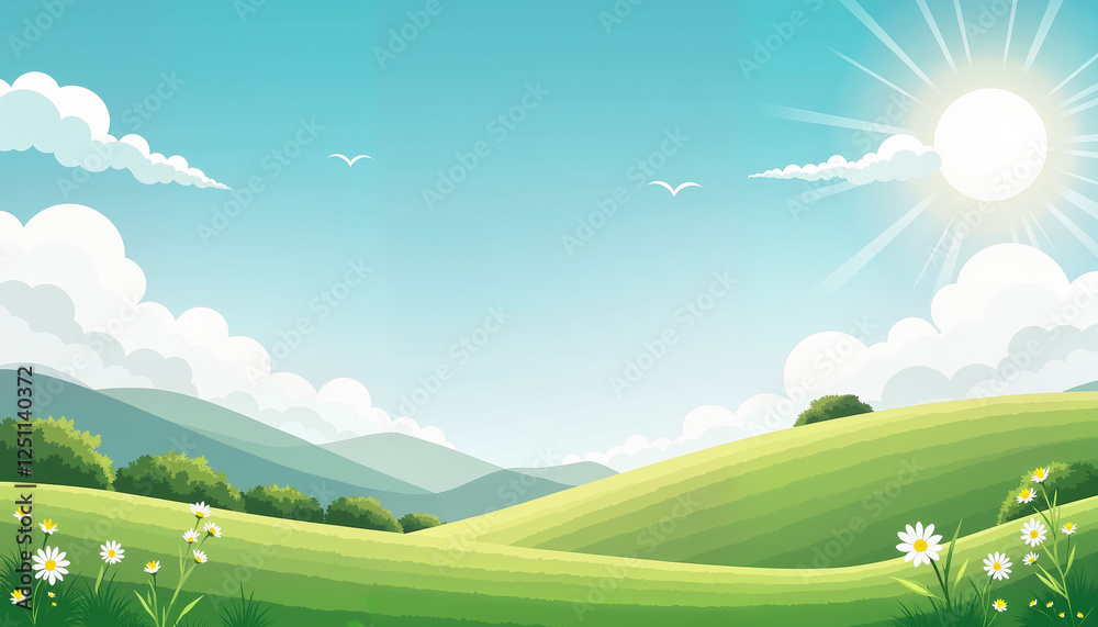 Obraz premium Watercolor landscape with green hills and bright sun