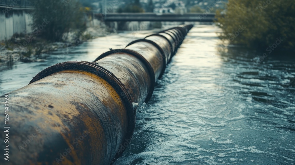 Rusty Pipes in a Flowing River: Industrial Water Drainage System Rusty Pipes in a Flowing River: Industrial Water Drainage System