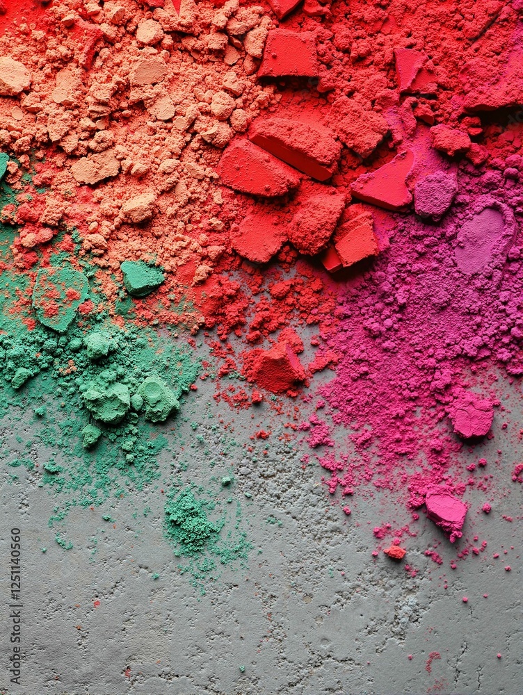 Fototapeta premium Vivid colored powders scattered on gray surface, artistic creativity