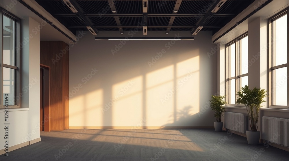 Fototapeta premium Modern Minimalist Office Space with Warm Lighting and Symmetrical Design
