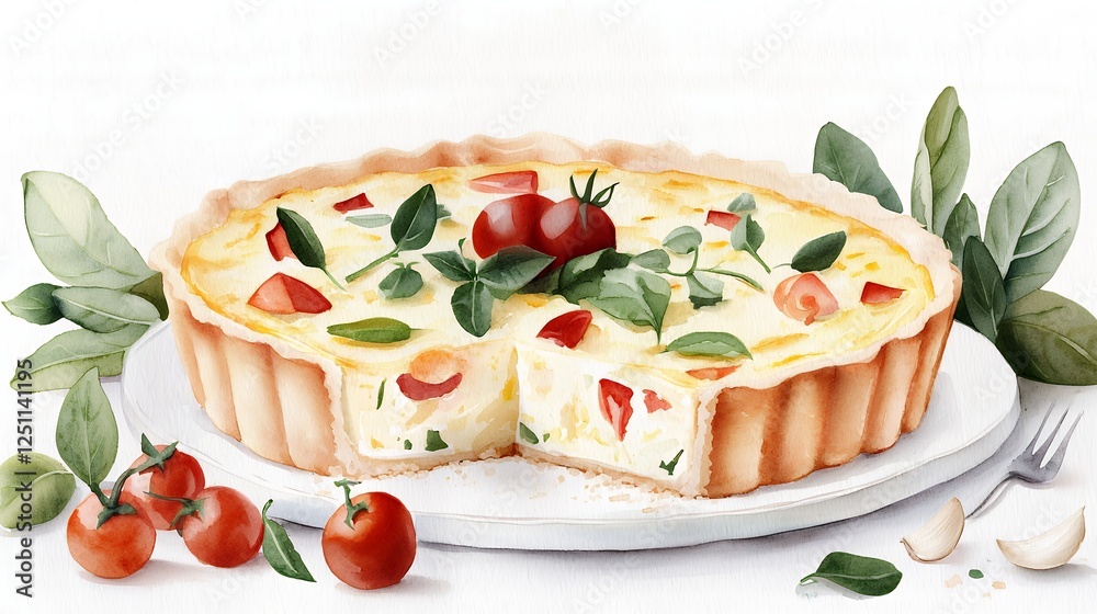 Watercolor Illustration Of Sliced Quiche With Tomatoes And Herbs Watercolor Illustration Of Sliced Quiche With Tomatoes And Herbs